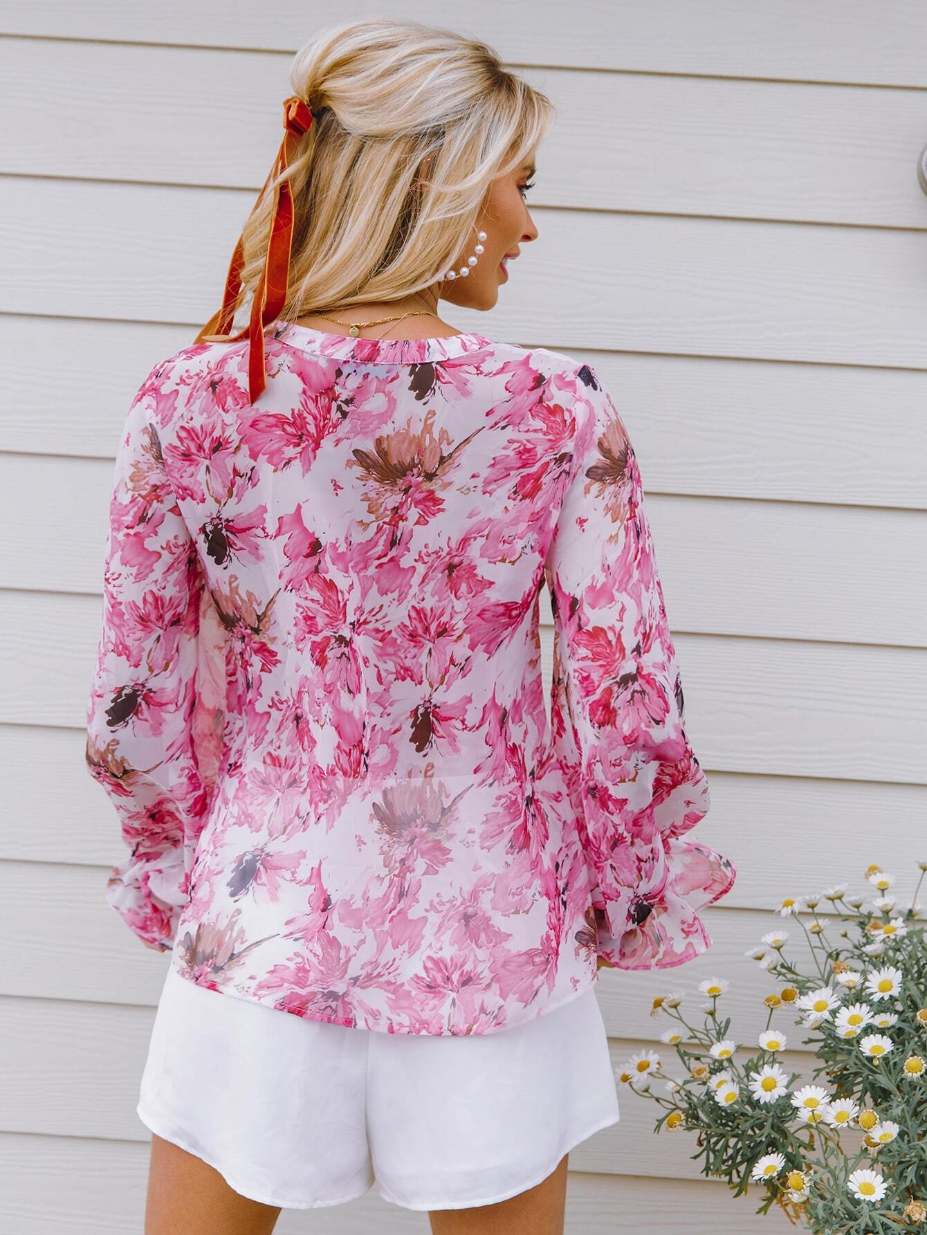 EMERY ROSE Top mit Raffungsaum und Blumen Muster