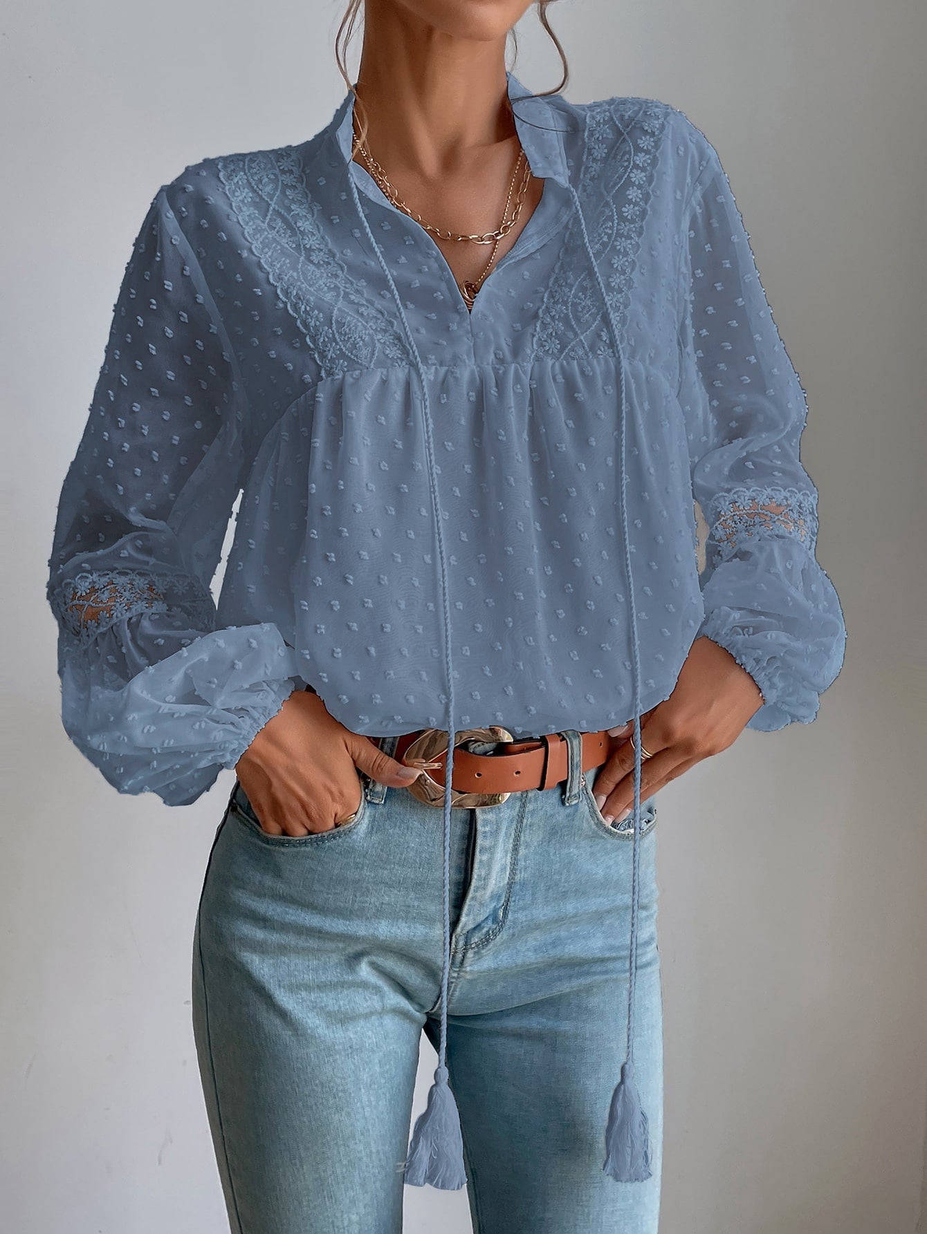 Bluse mit Punkten, besticktem Netzstoff, Einsatz, Laternenärmeln, Quaste, Band