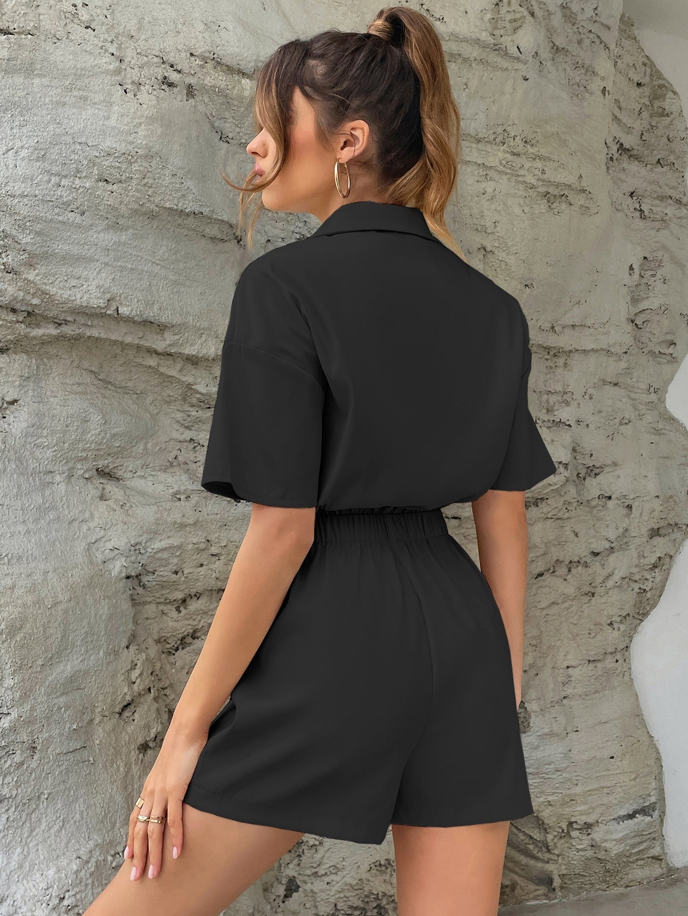 Shirt Romper mit Knopf vorne, Tasche Flicken