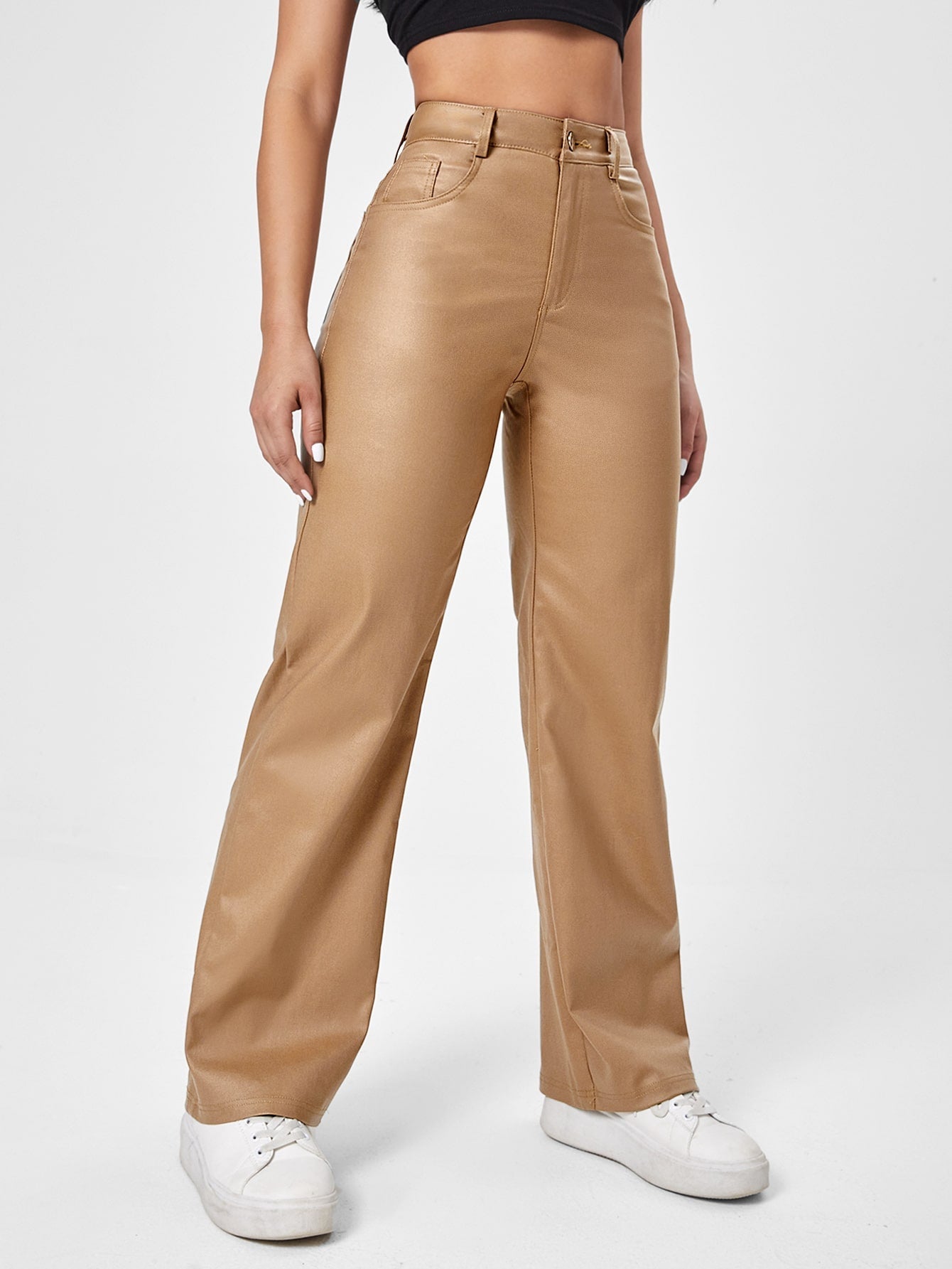 Jeans mit geradem Beinschnitt, Lederoptik