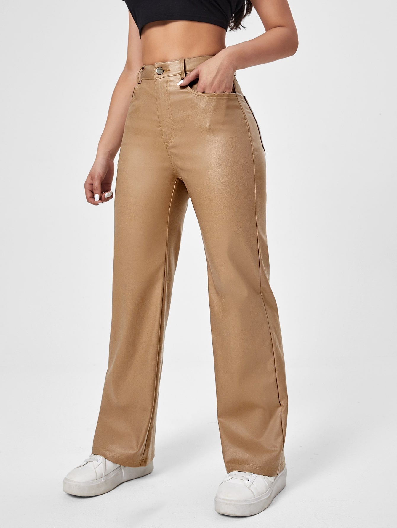 Jeans mit geradem Beinschnitt, Lederoptik