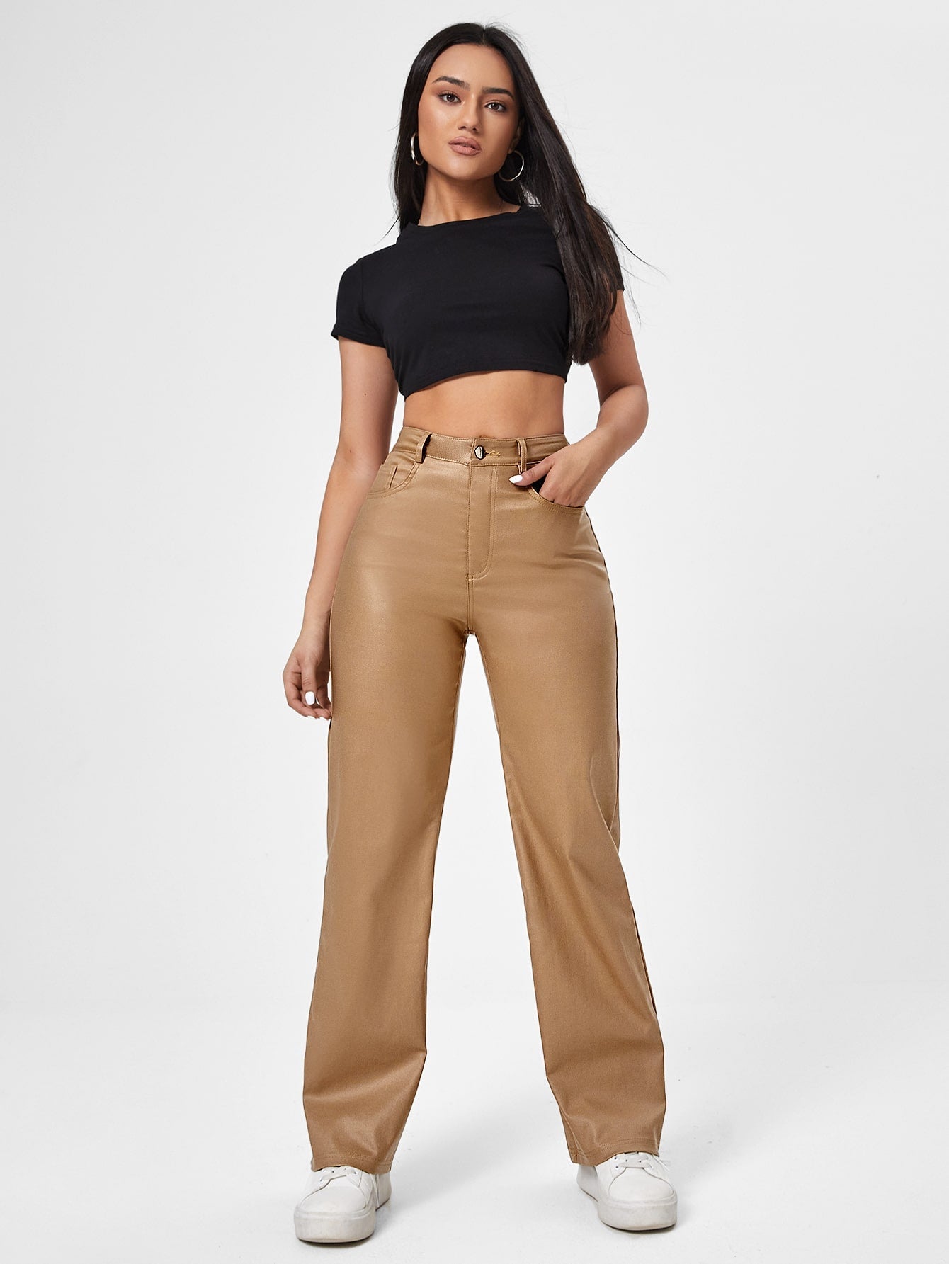 Jeans mit geradem Beinschnitt, Lederoptik