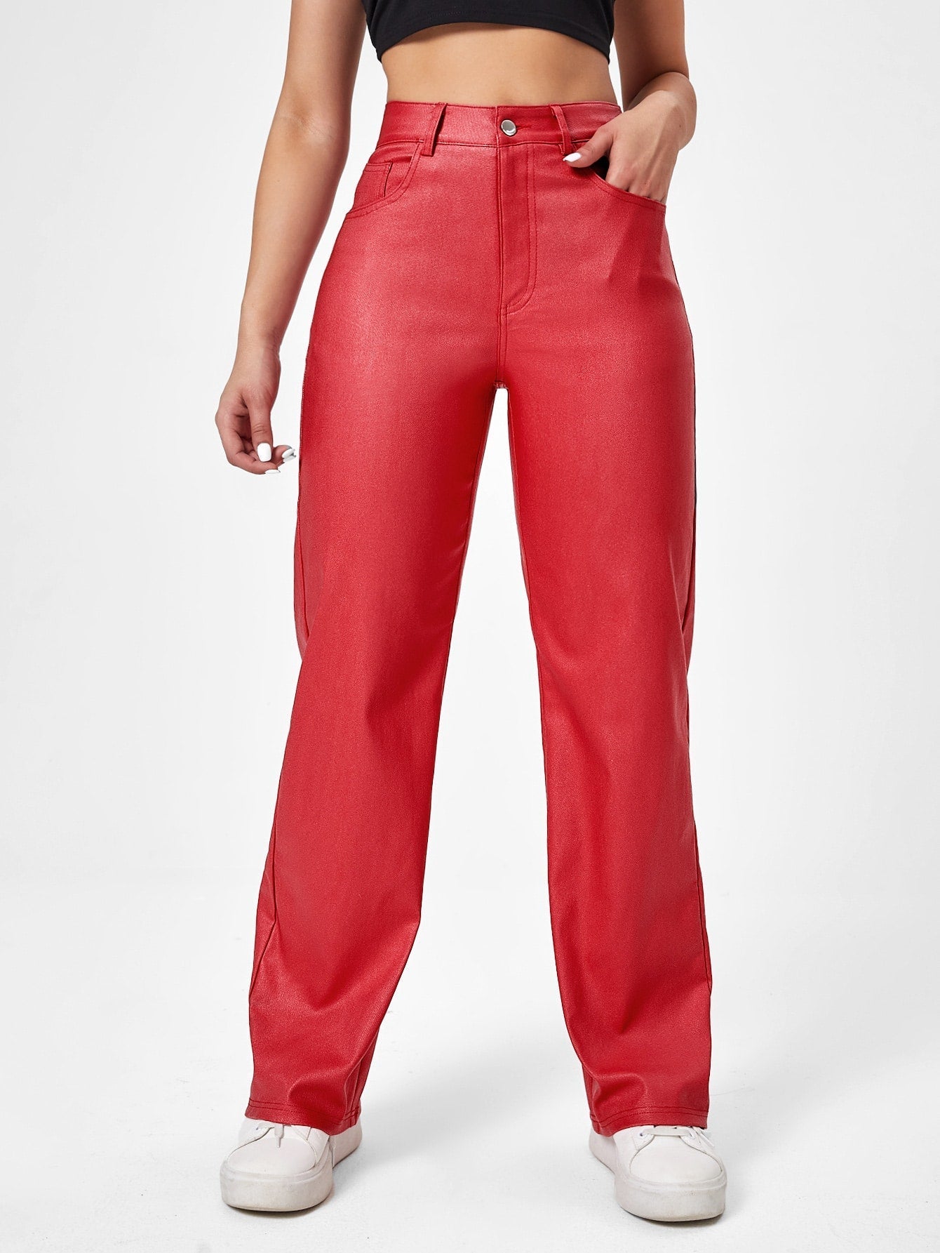 Jeans mit geradem Beinschnitt, Lederoptik