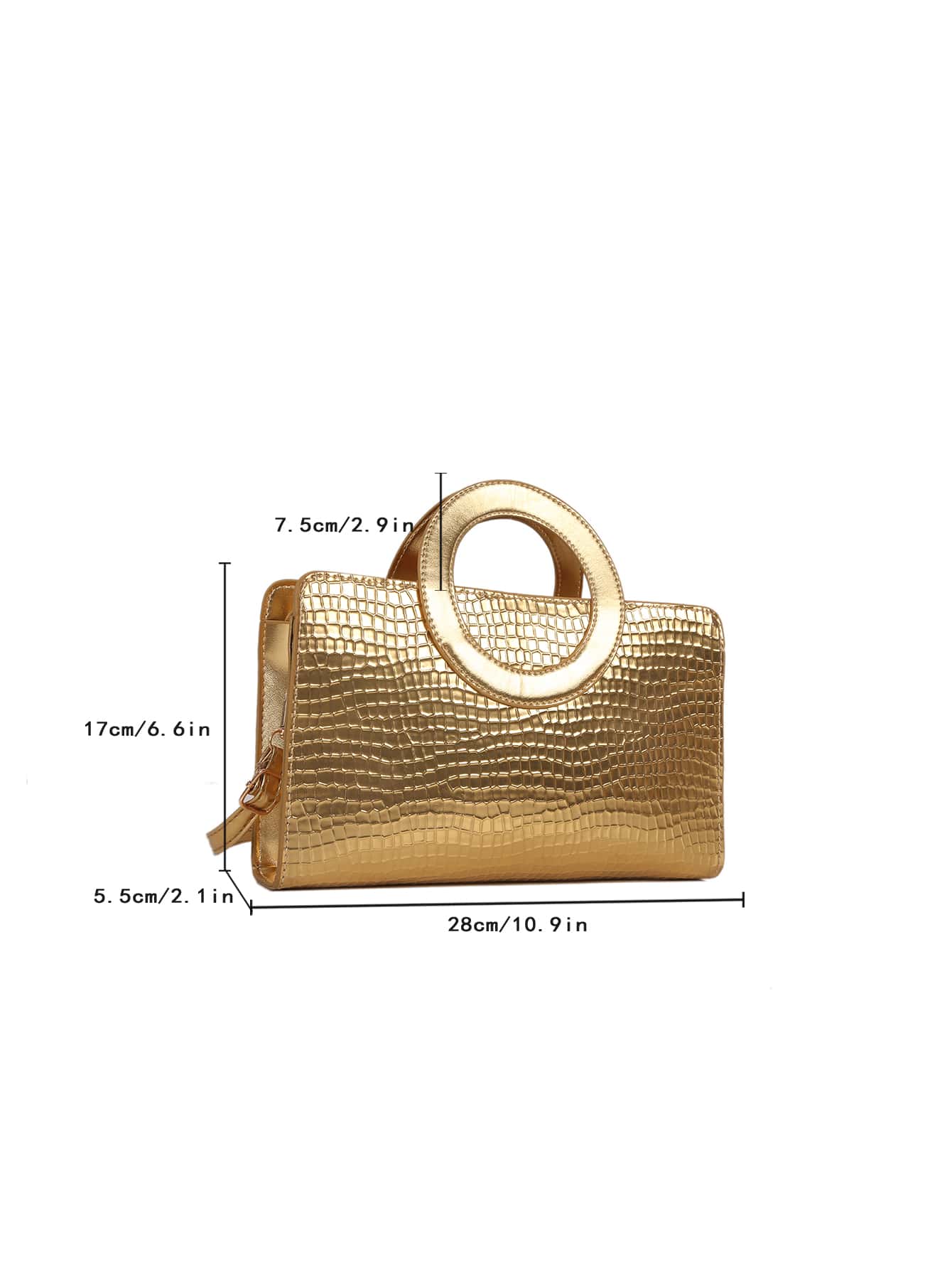 Quadratische Tasche mit metallisch Krokodil Prägung, Ring oben