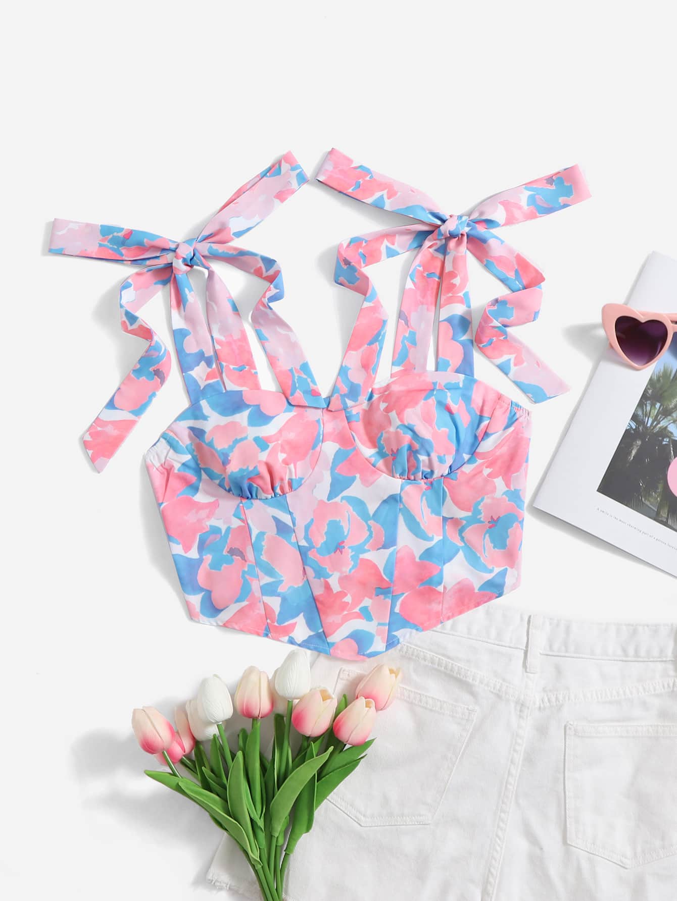 Top mit Blume Muster, Knoten auf Schulter, Rüschen