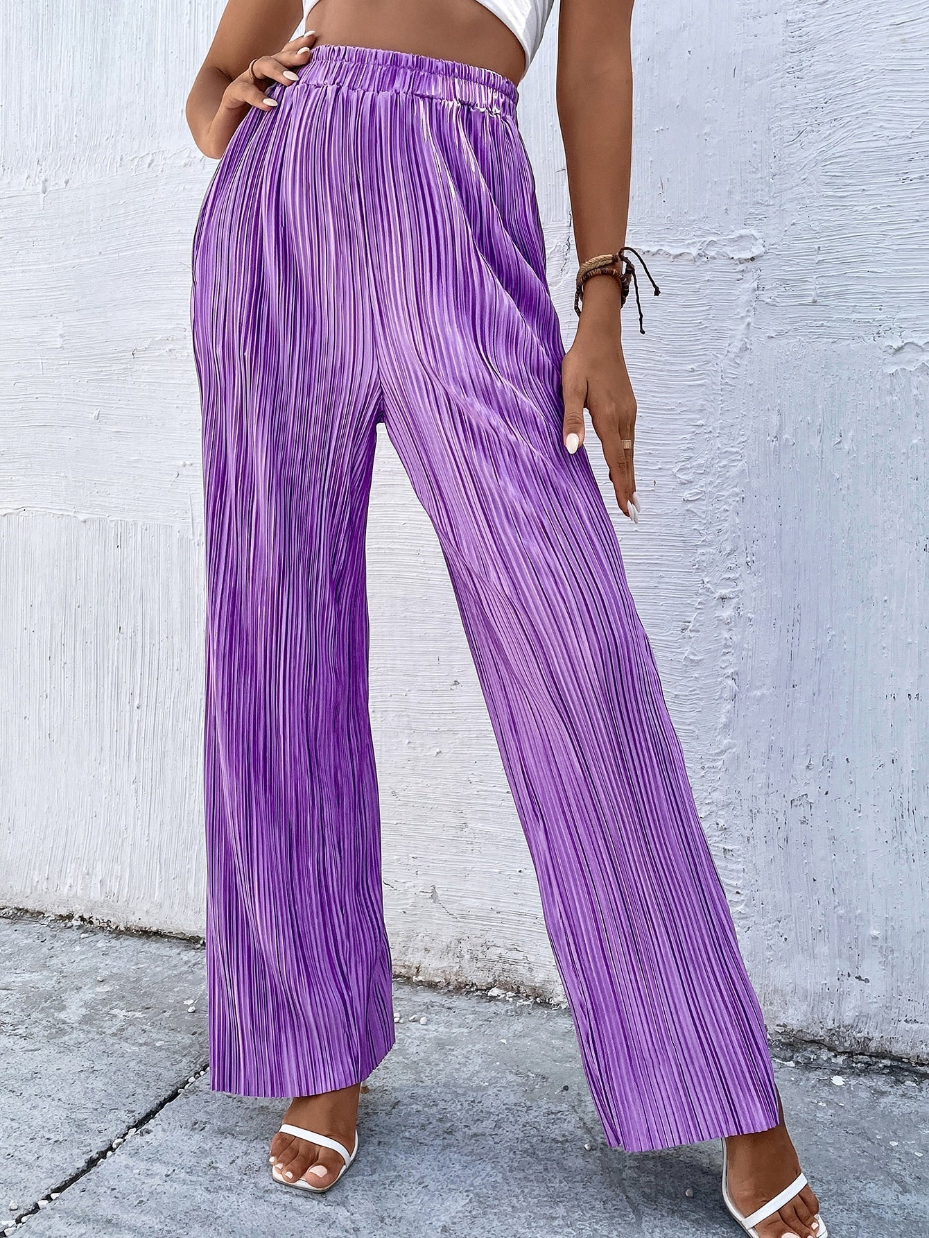 Hose mit weiten Beinen, hoher Taille, Plissee