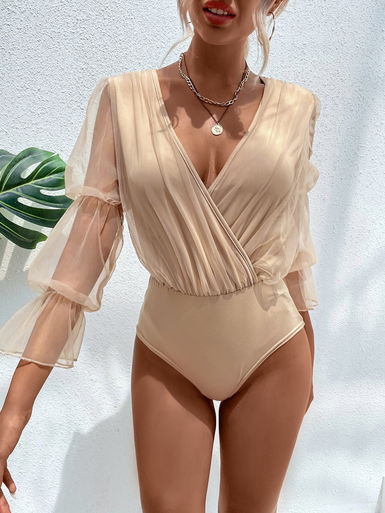 Body mit Kontrast Netzstoff, Versammelt Volant Ärmeln