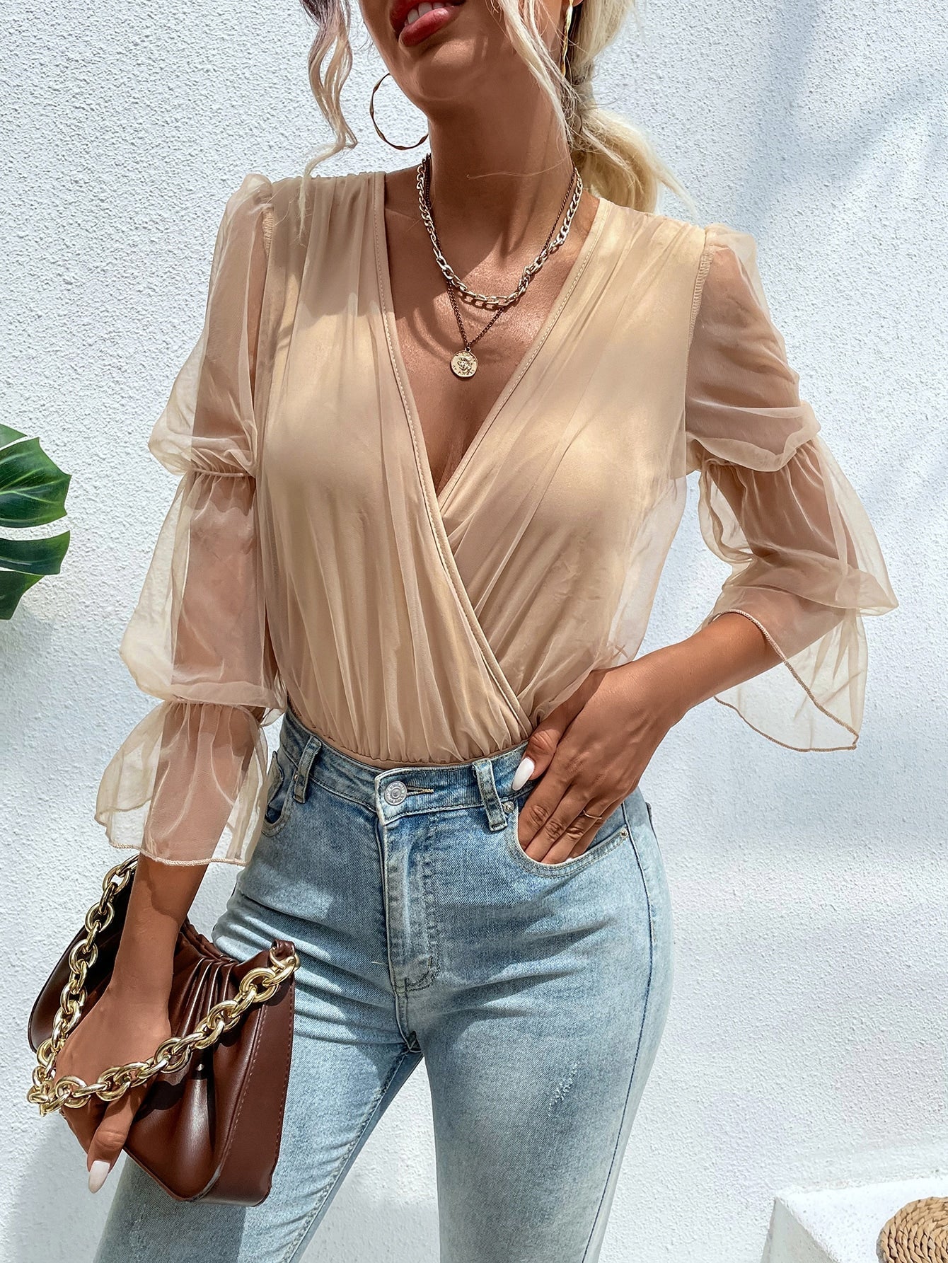 Body mit Kontrast Netzstoff, Versammelt Volant Ärmeln