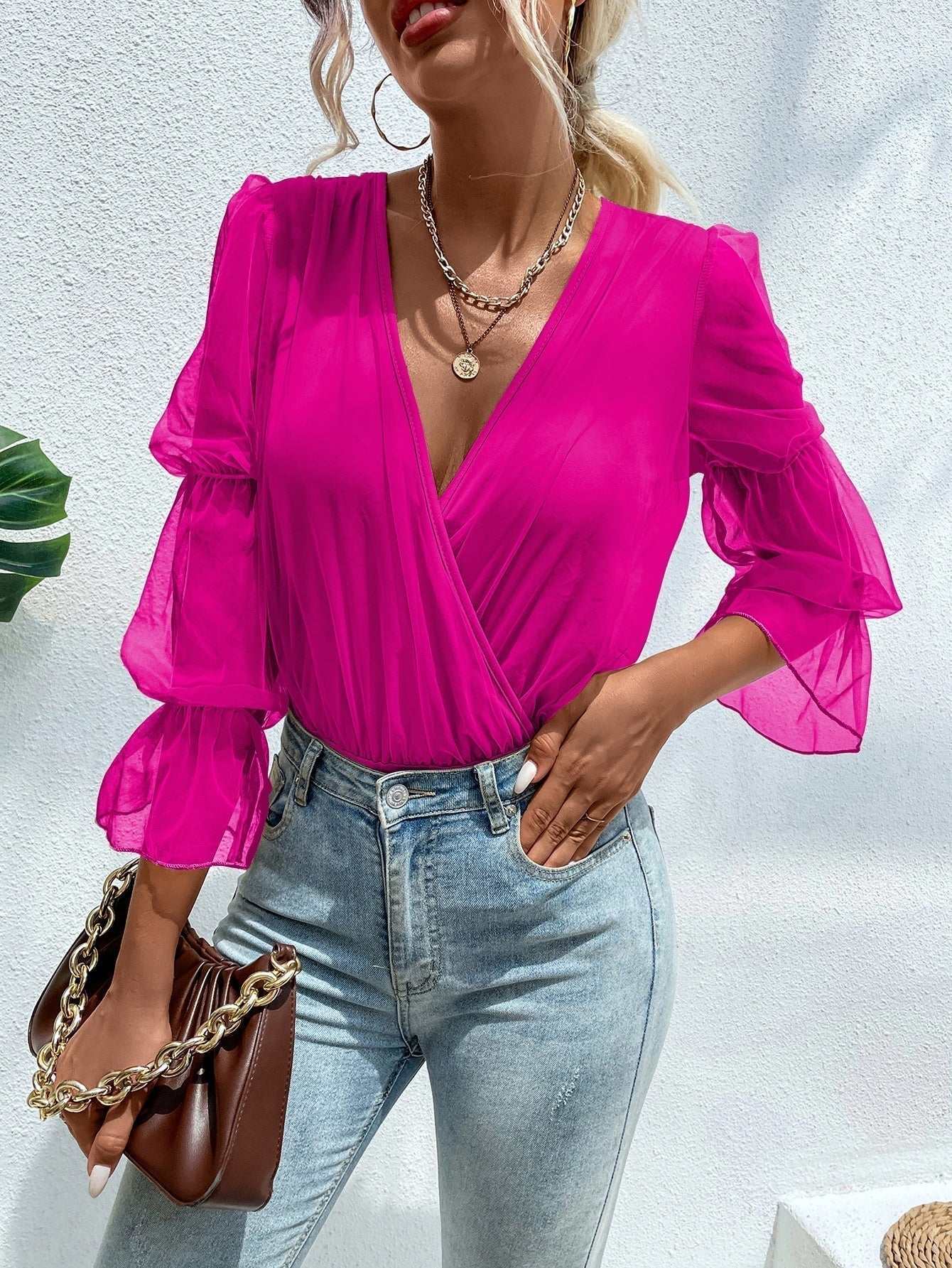 Body mit Kontrast Netzstoff, Versammelt Volant Ärmeln