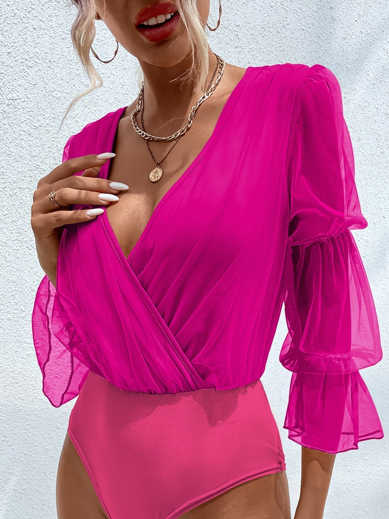 Body mit Kontrast Netzstoff, Versammelt Volant Ärmeln