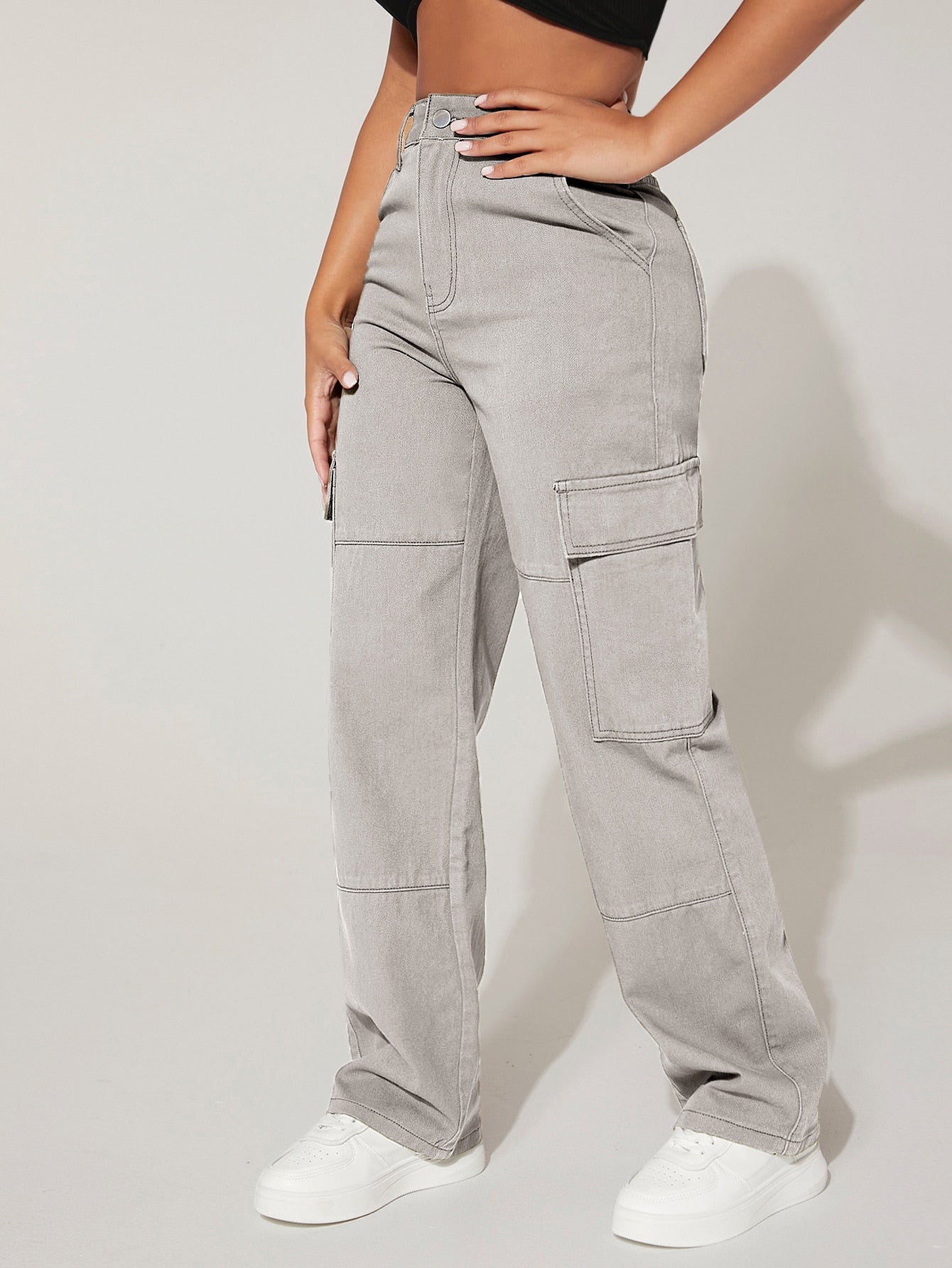 PETITE Cargo Jeans mit hoher Taille, Pattentasche