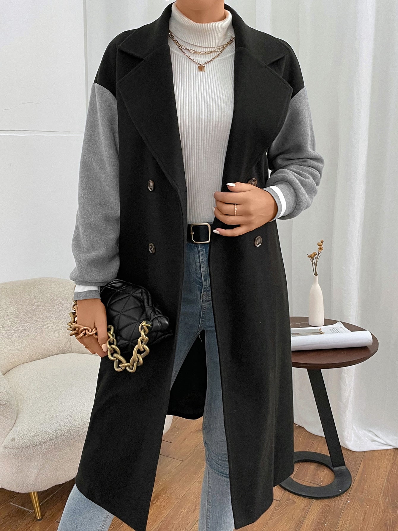 Mantel mit Farbblock, Drop Shoulder doppelten Knopfleisten