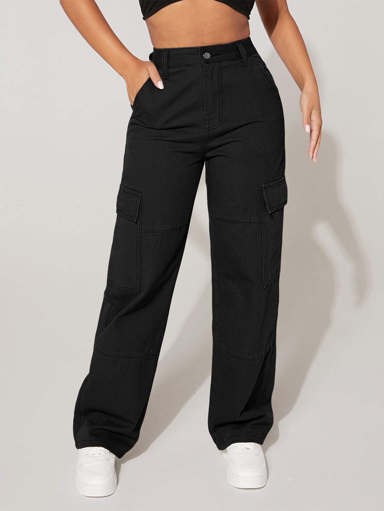 PETITE Cargo Jeans mit hoher Taille, Pattentasche