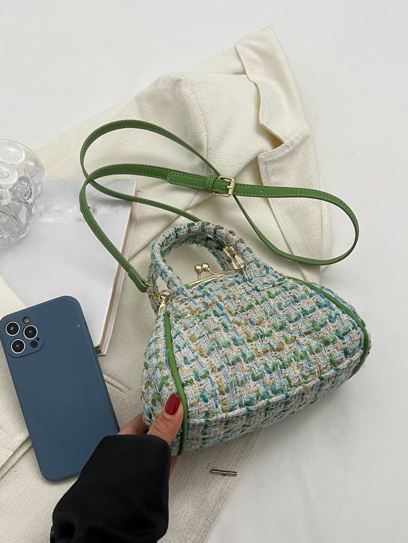 Handtasche mit Plaid Muster, Kussschloss