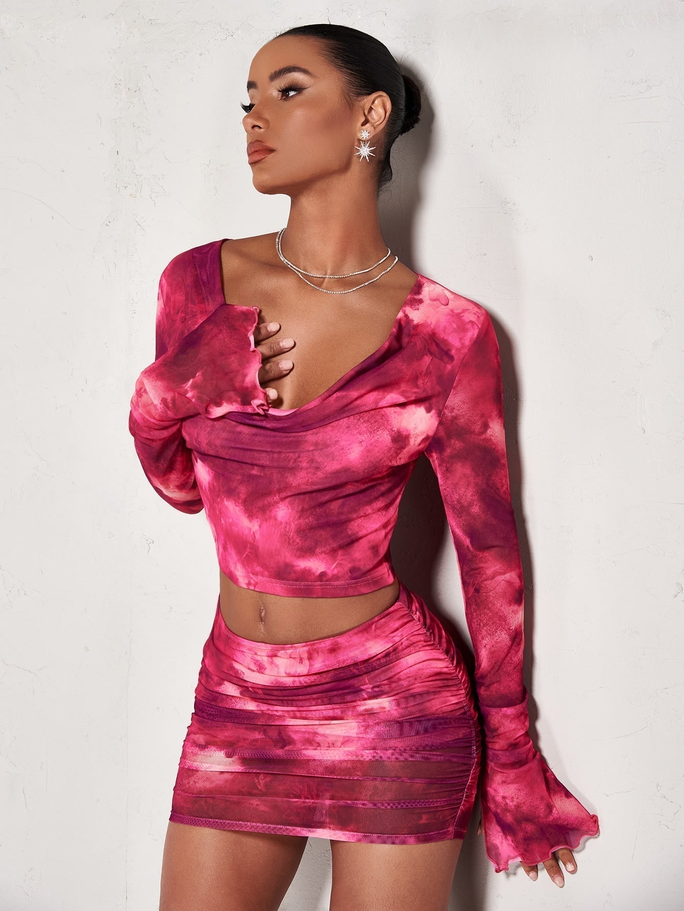 BAE Crop Top mit Batik, Drapiertem Kragen, Volant Ärmeln