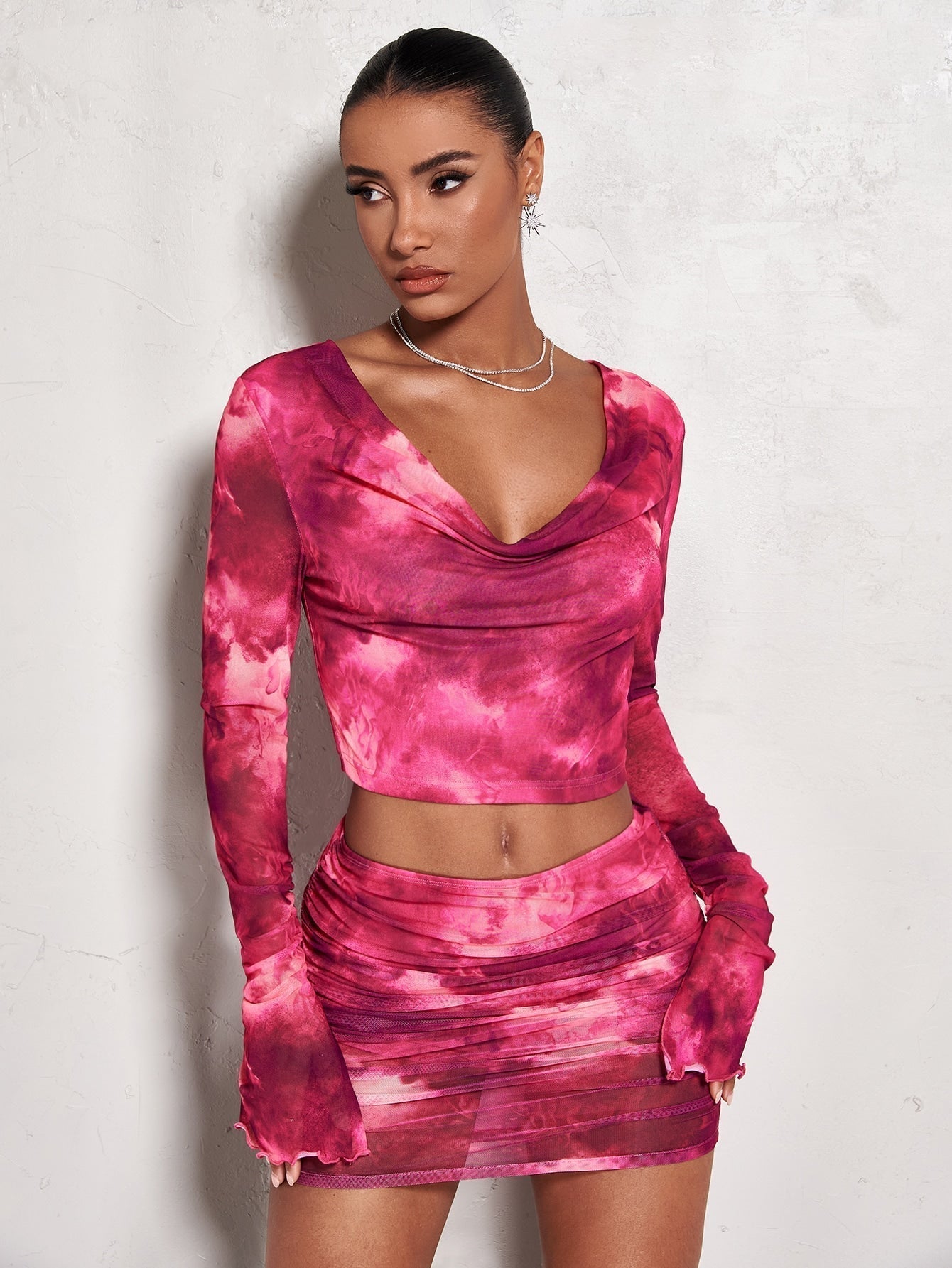 BAE Crop Top mit Batik, Drapiertem Kragen, Volant Ärmeln