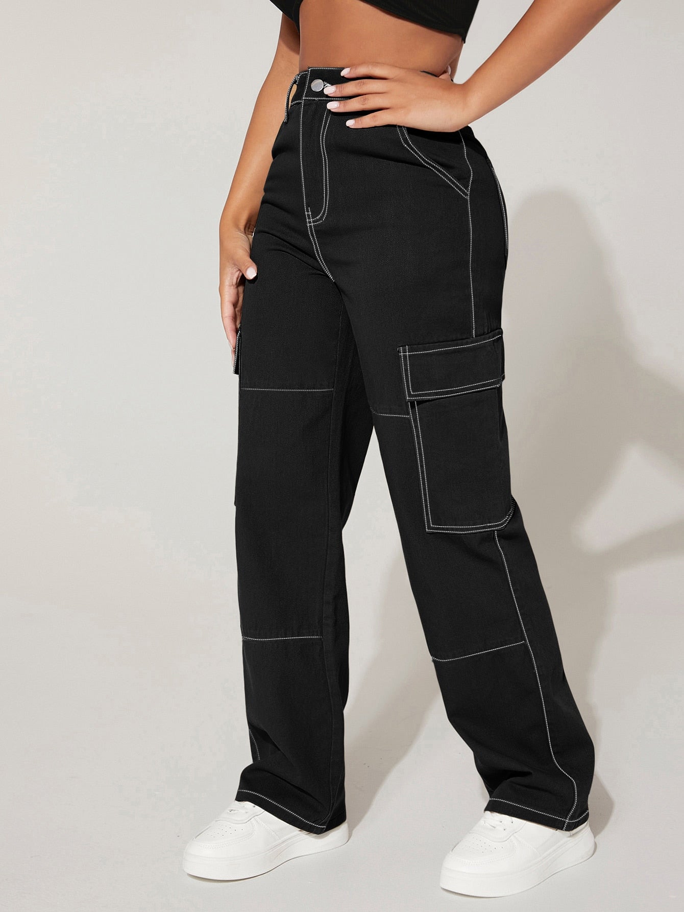 PETITE Cargo Jeans mit hoher Taille, Pattentasche
