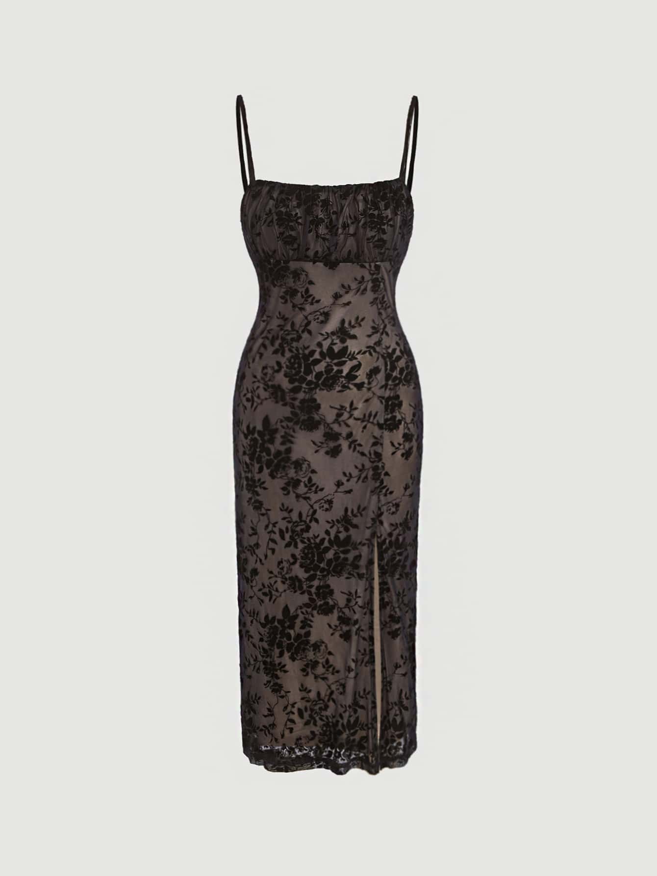 Cami Kleid mit Blume Muster, Rüschen, Schlitz