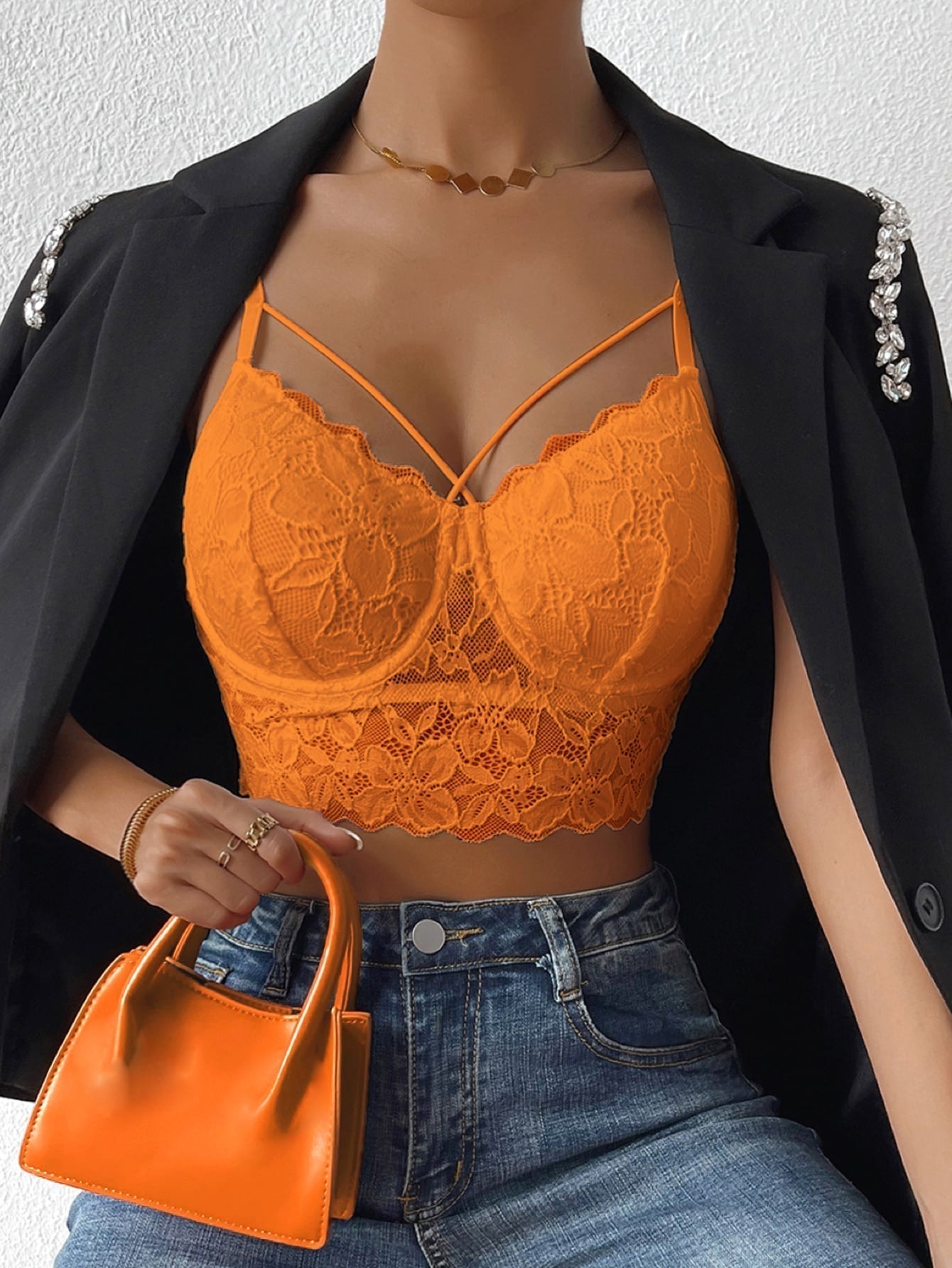 Cami Top mit Kreuzgurt, Crop Spitze