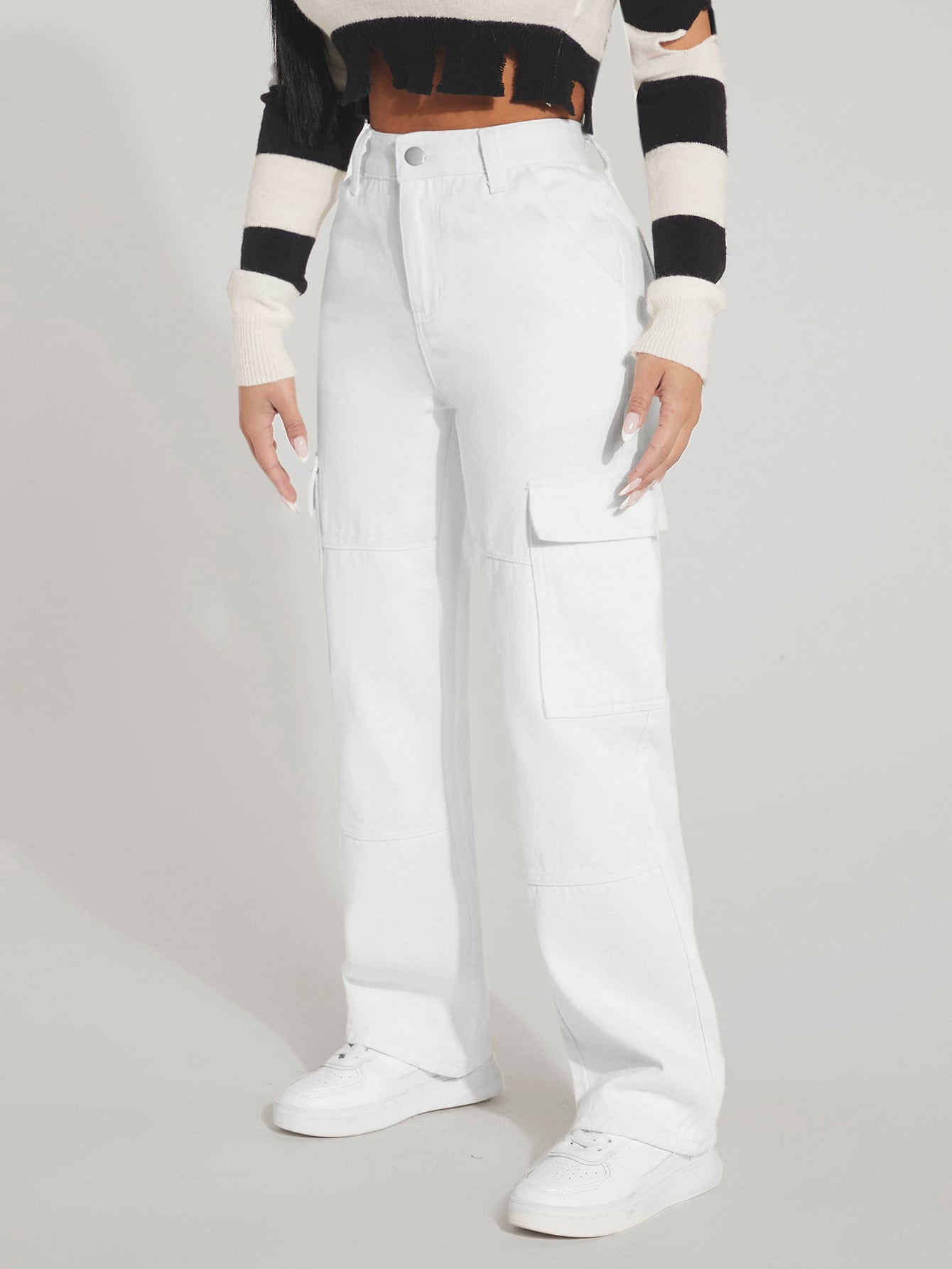 PETITE Cargo Jeans mit hoher Taille, Pattentasche