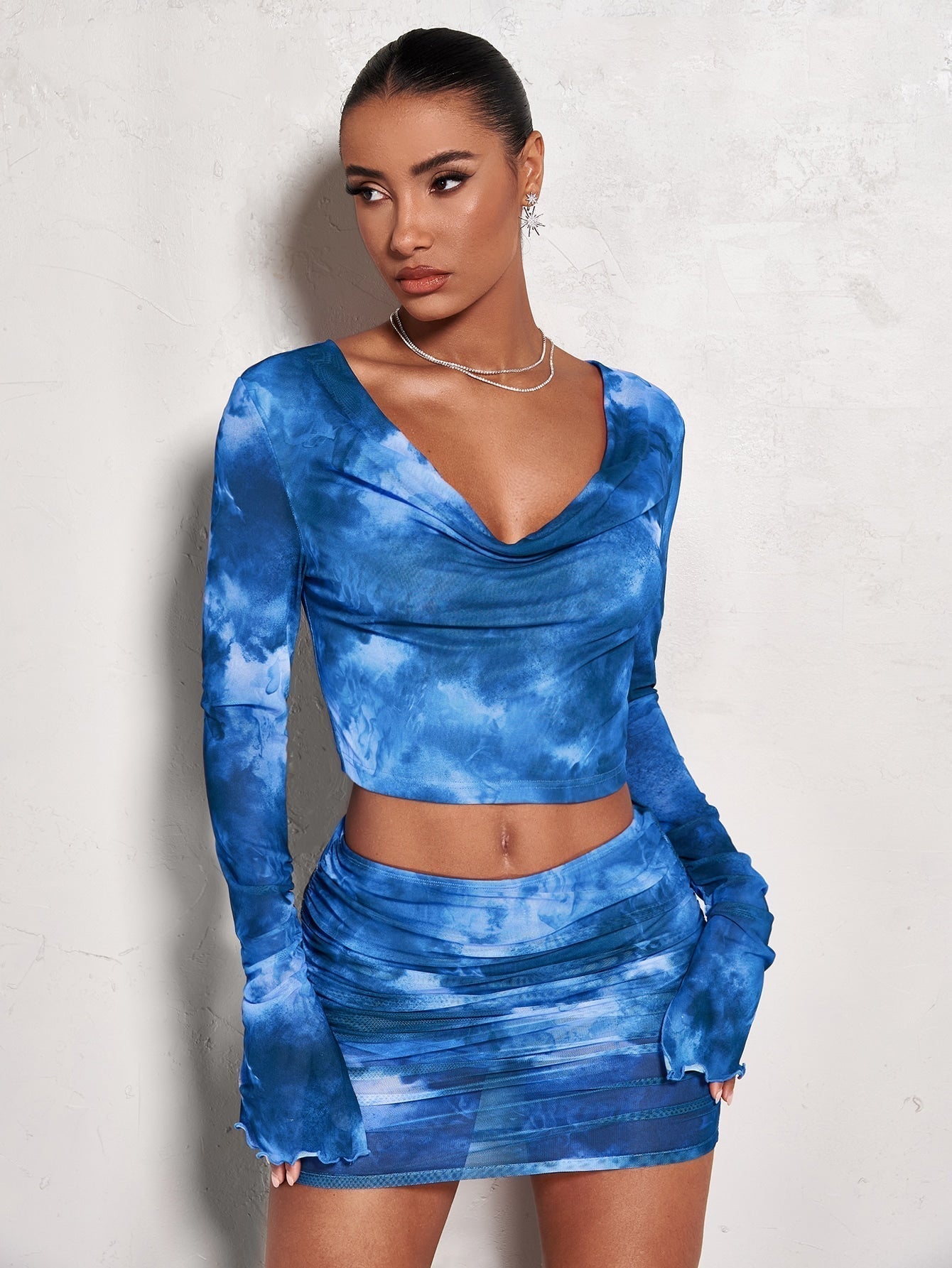 BAE Crop Top mit Batik, Drapiertem Kragen, Volant Ärmeln