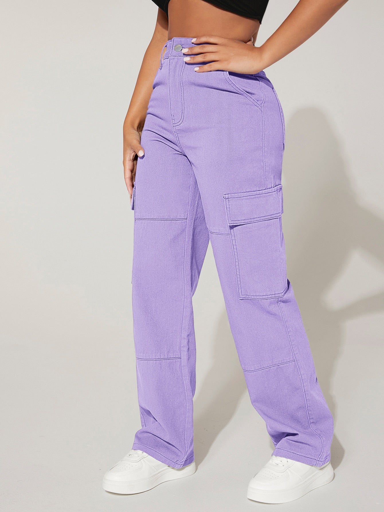 PETITE Cargo Jeans mit hoher Taille, Pattentasche