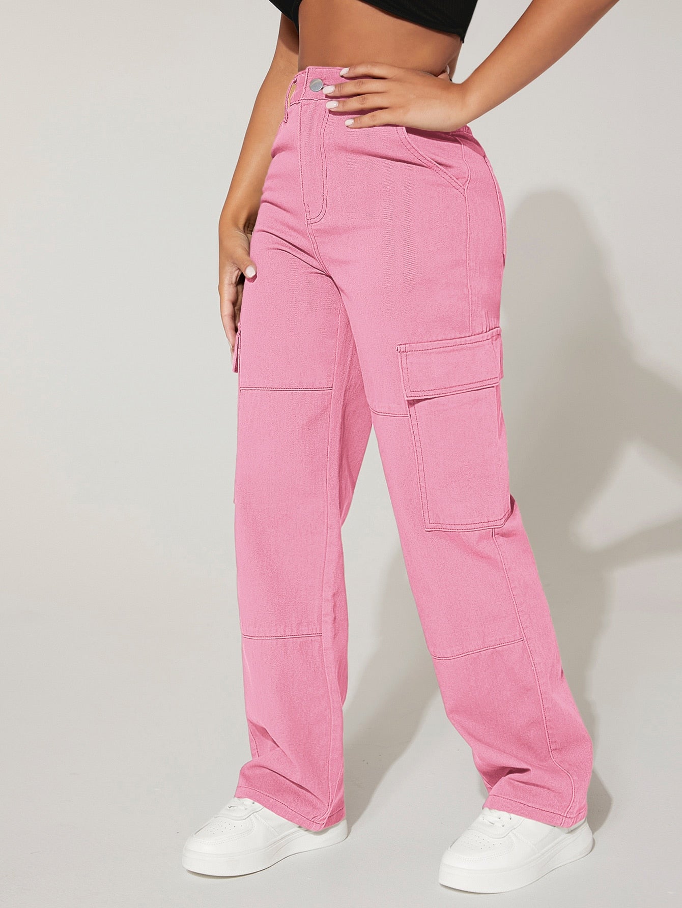 PETITE Cargo Jeans mit hoher Taille, Pattentasche