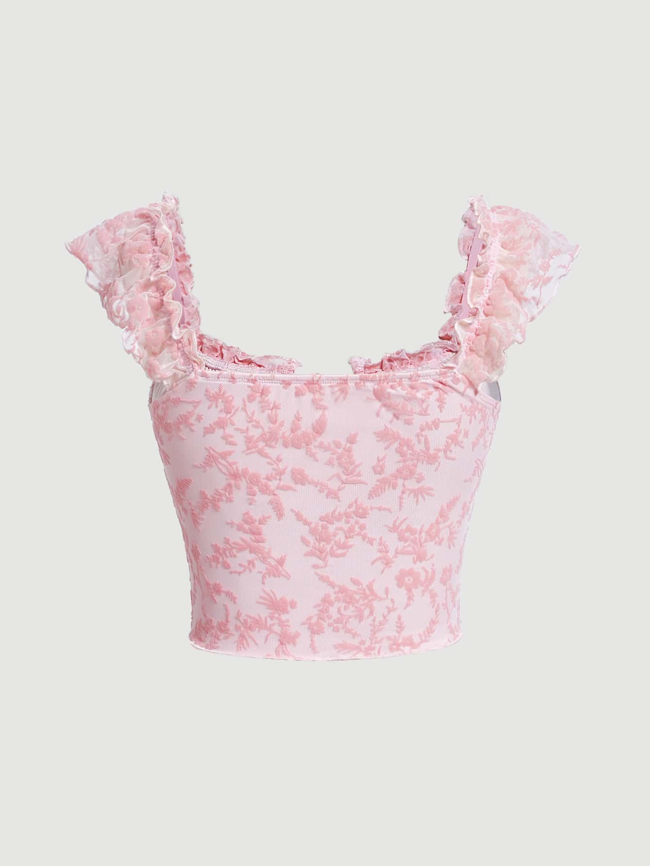 Crop T-Shirt mit Blume Muster, Rüschenbesatz,