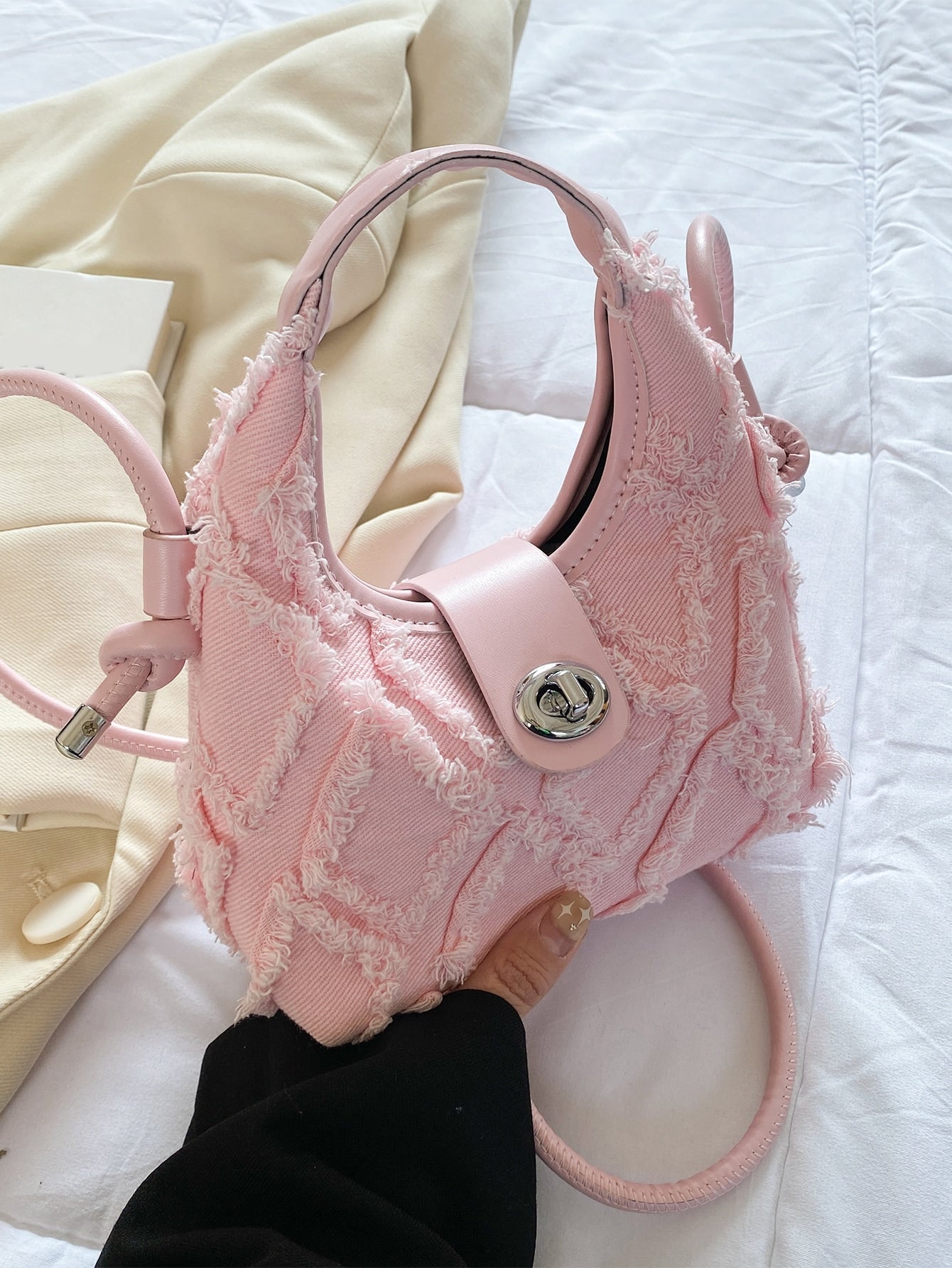 Hobo Tasche mit Mini unbearbeitetem Saum, Drehverschluss