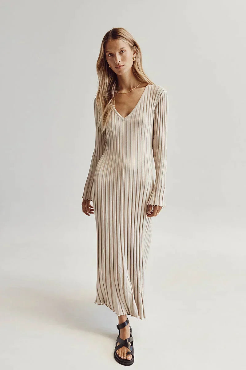 Camille™ - Midikleid Mit V-ausschnitt Und Strickärmeln (50% RABATT)