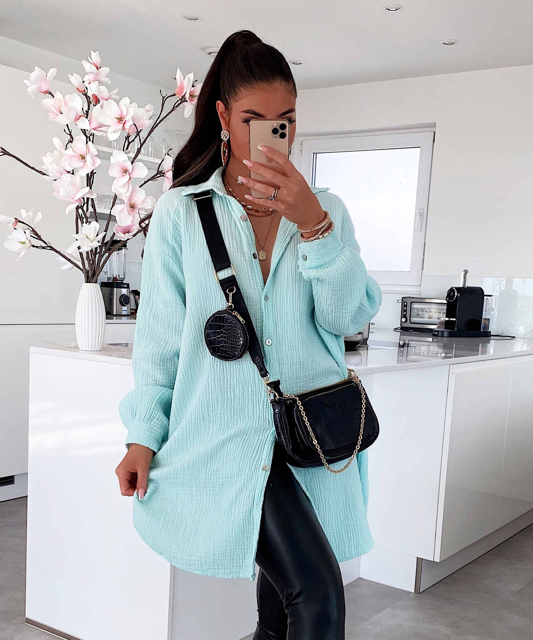 Oversize Musselin Bluse Freya Türkis Lang