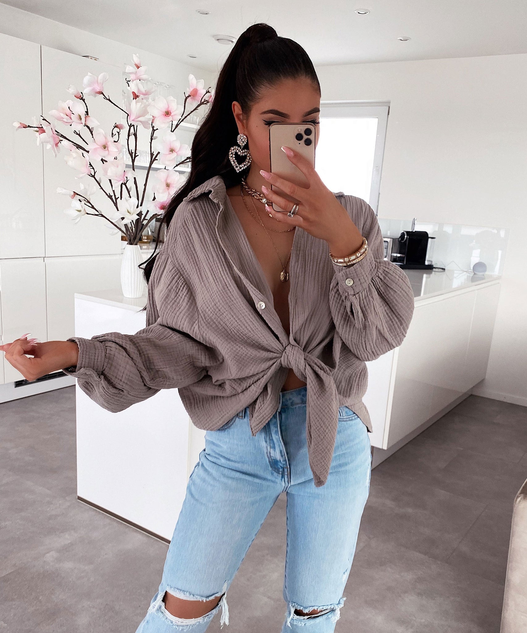 Oversize Musselin Bluse Freya Taupe Kurz