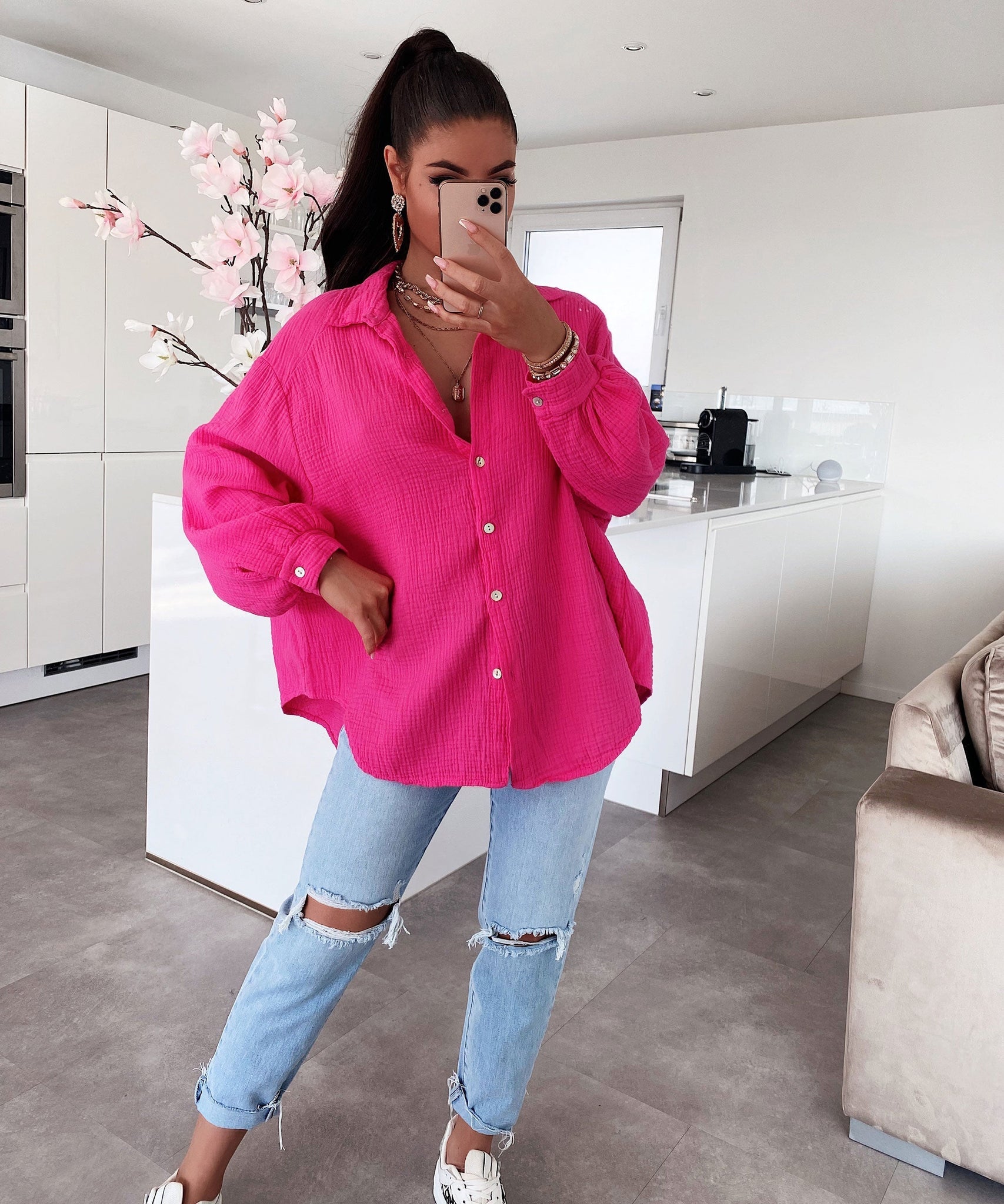 Oversize Musselin Bluse Freya Fuchsia Pink Kurz