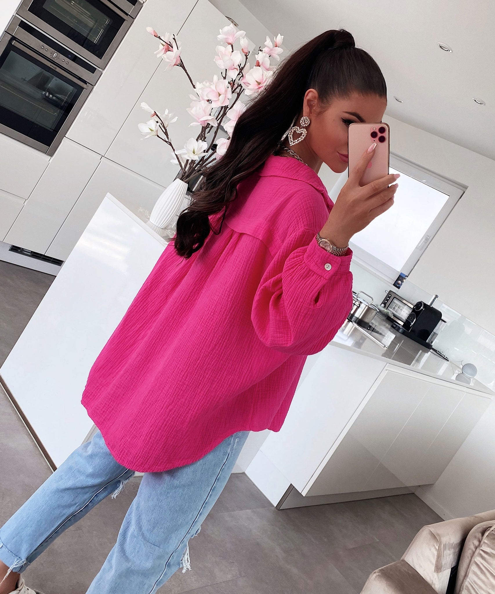 Oversize Musselin Bluse Freya Fuchsia Pink Kurz