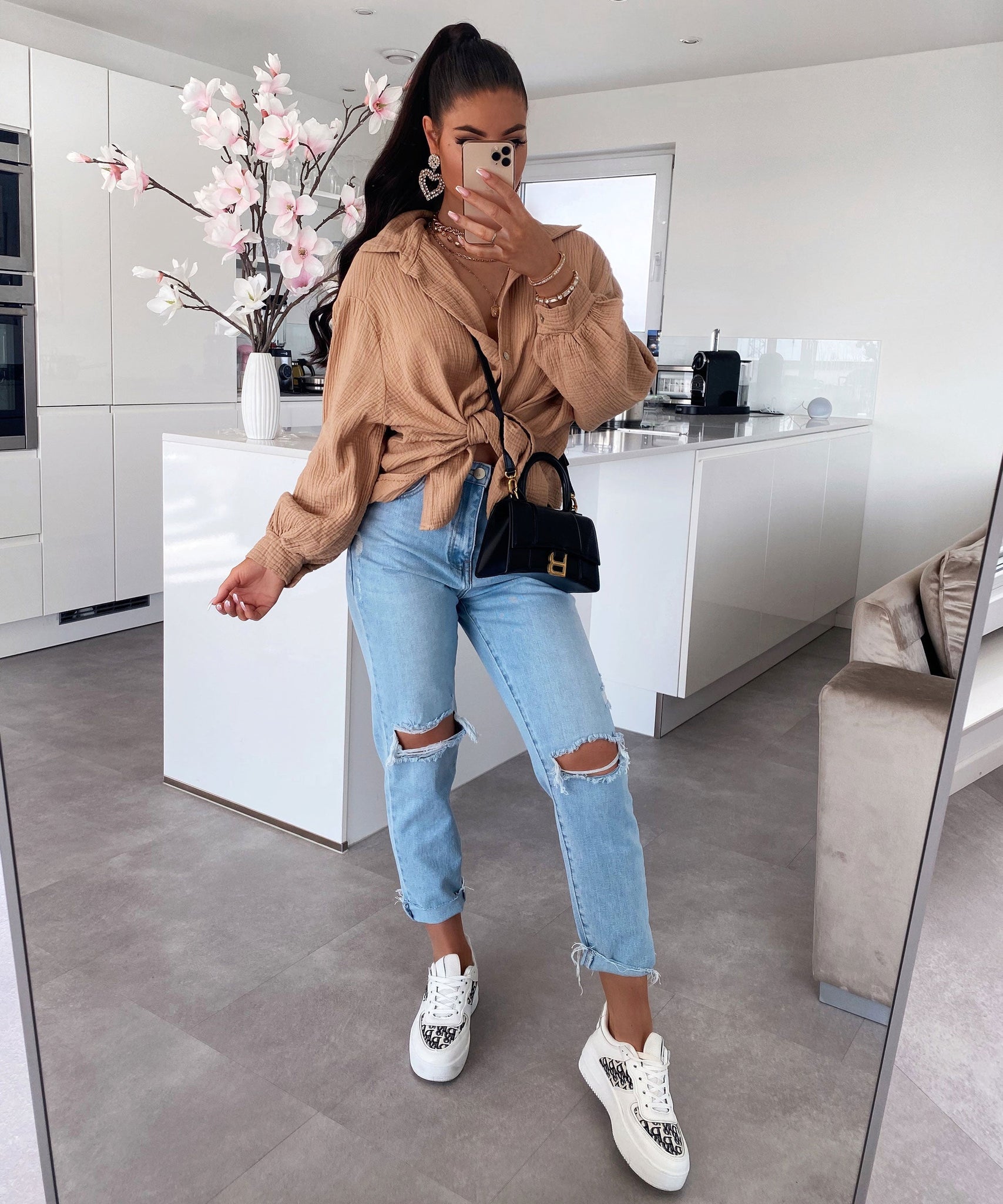 Oversize Musselin Bluse Freya Camel Kurz