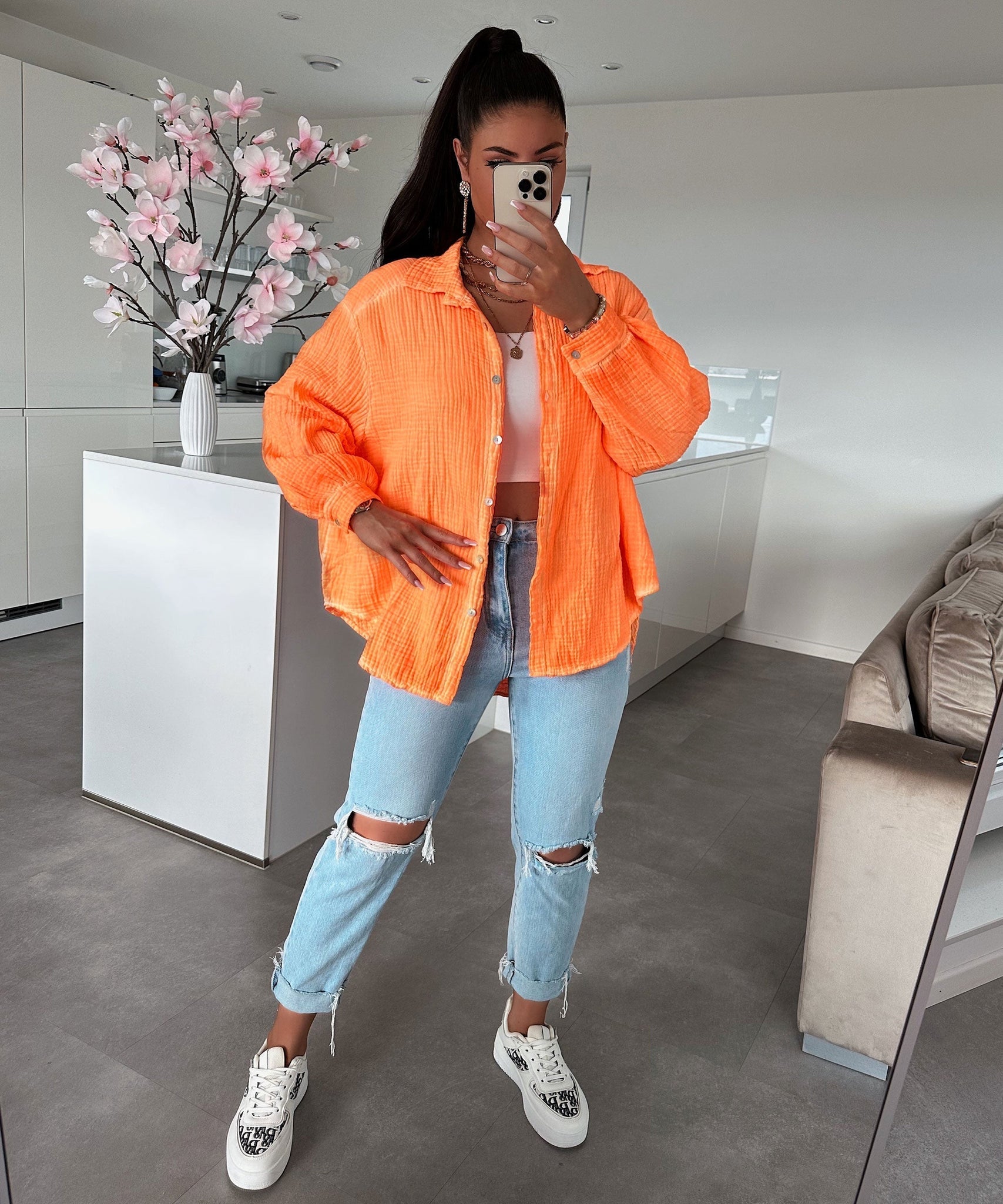 Oversize Musselin Bluse Freya Neonorange Kurz