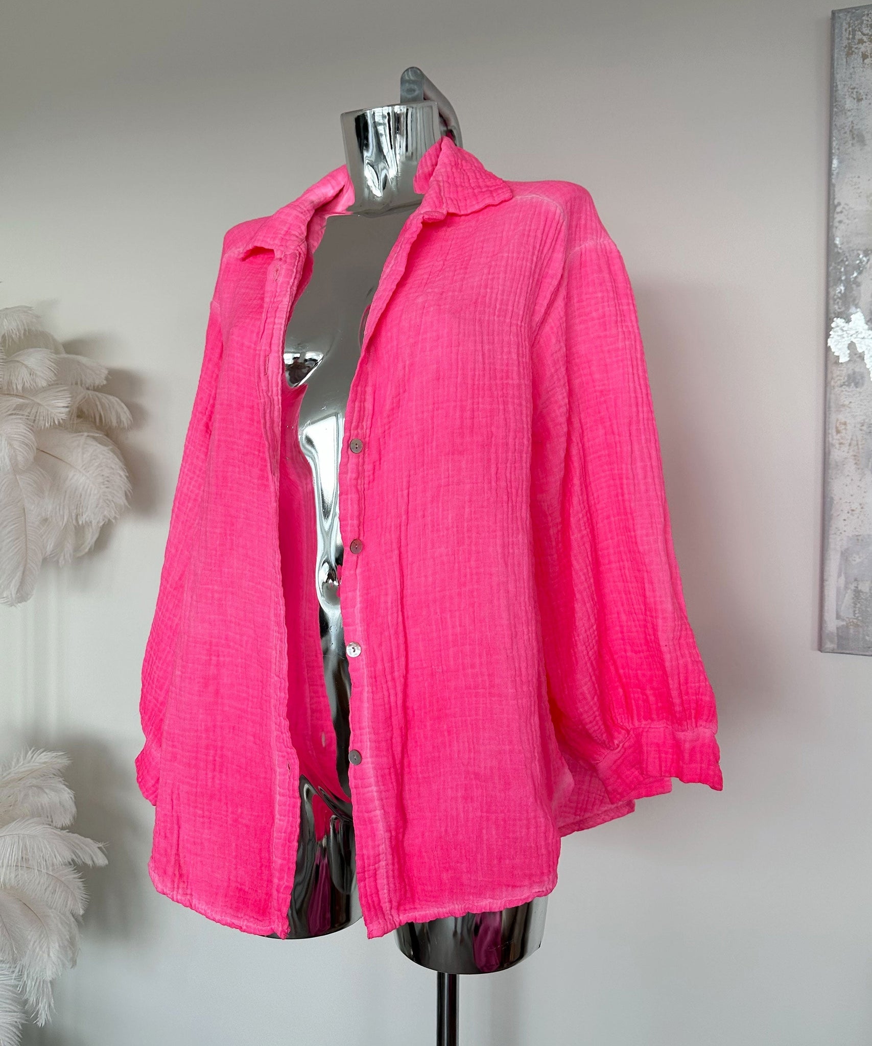 Oversize Musselin Bluse Freya Neonpink Kurz
