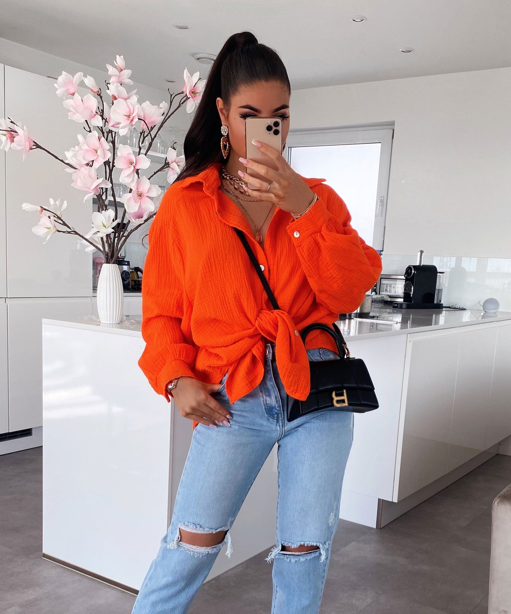 Oversize Musselin Bluse Freya Orange Kurz