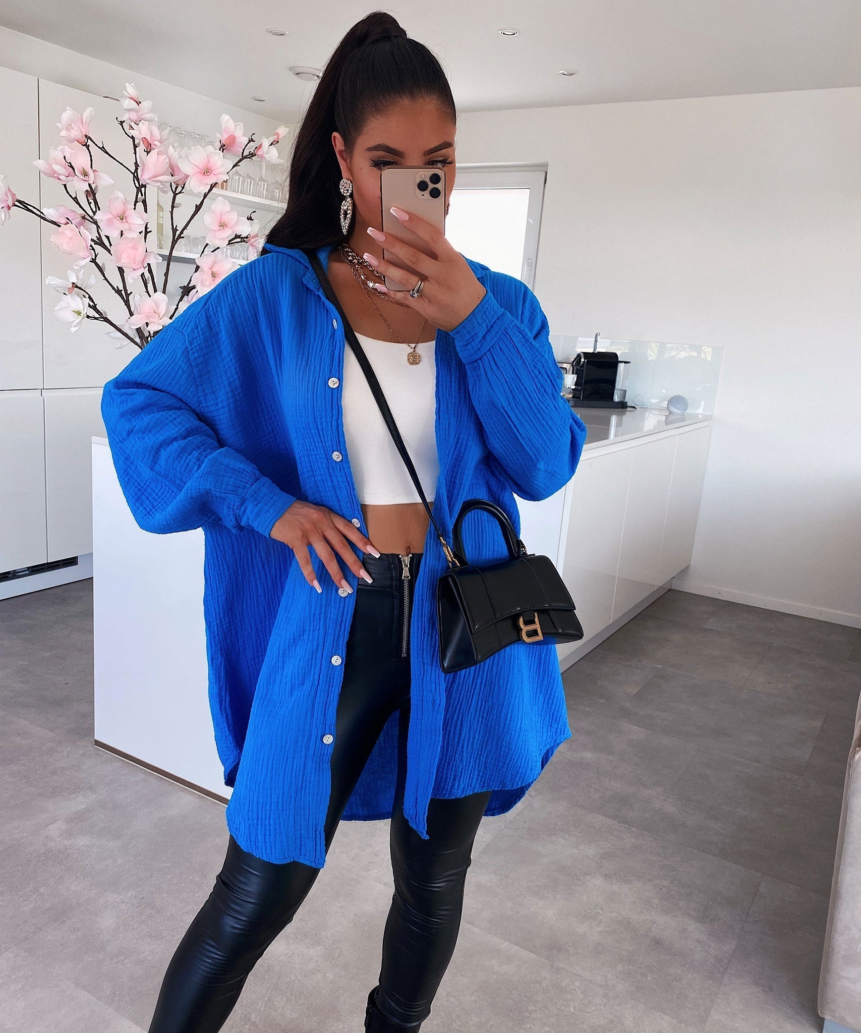 Oversize Musselin Bluse Freya Royalblau Lang