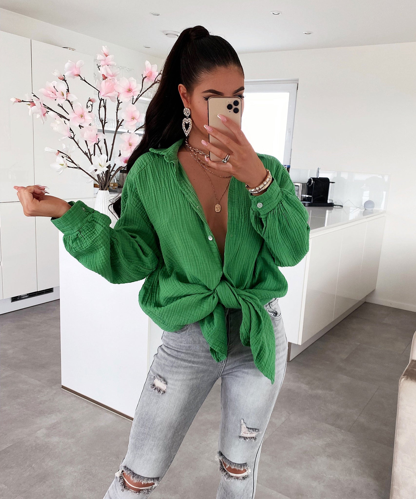 Oversize Musselin Bluse Freya Dunkelgrün Lang