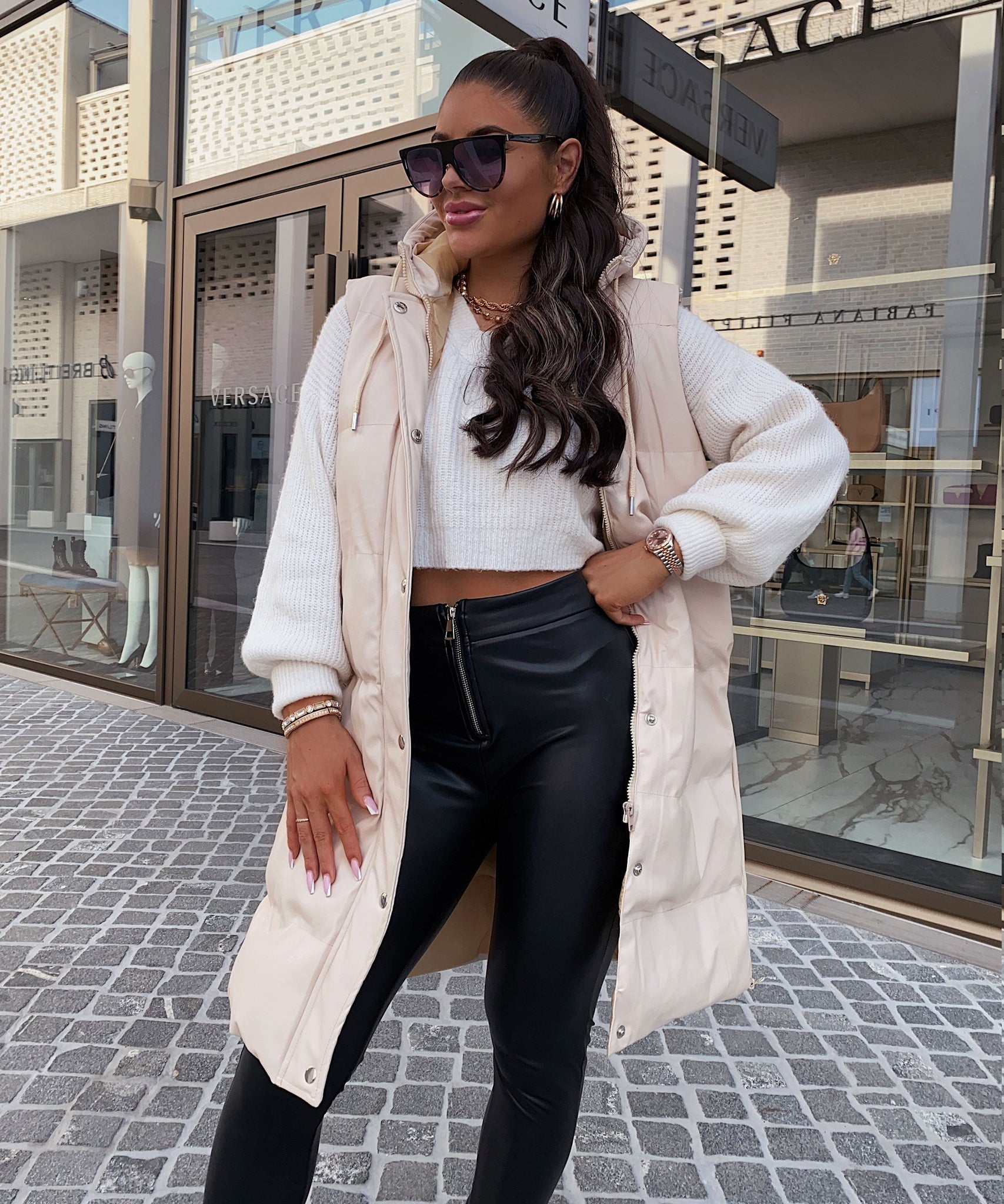 Lederweste Pamela Beige Lang