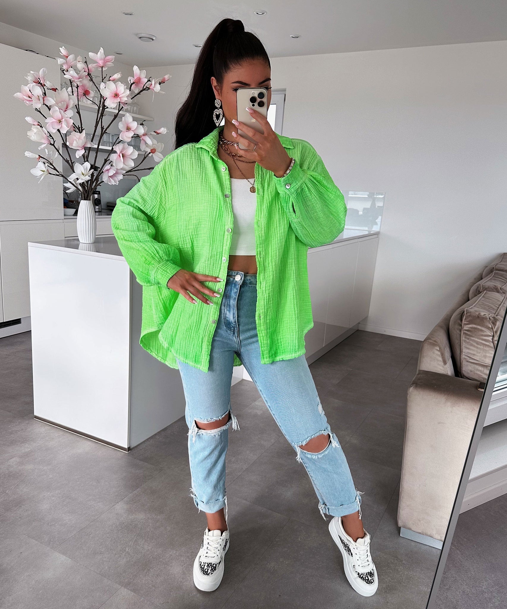 Oversize Musselin Bluse Freya Neongrün Kurz
