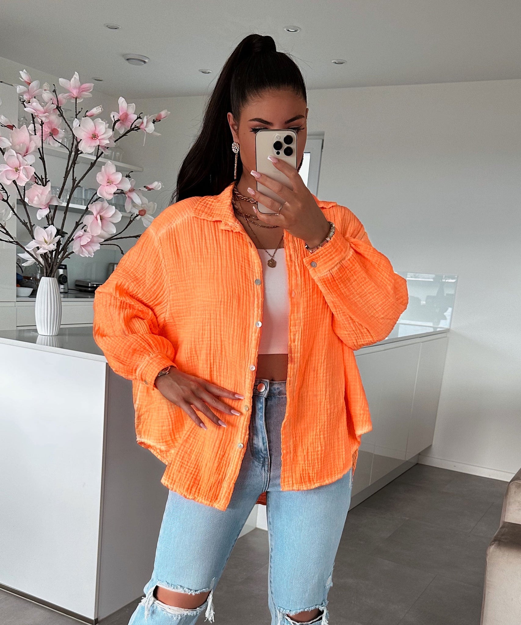 Oversize Musselin Bluse Freya Neonorange Kurz