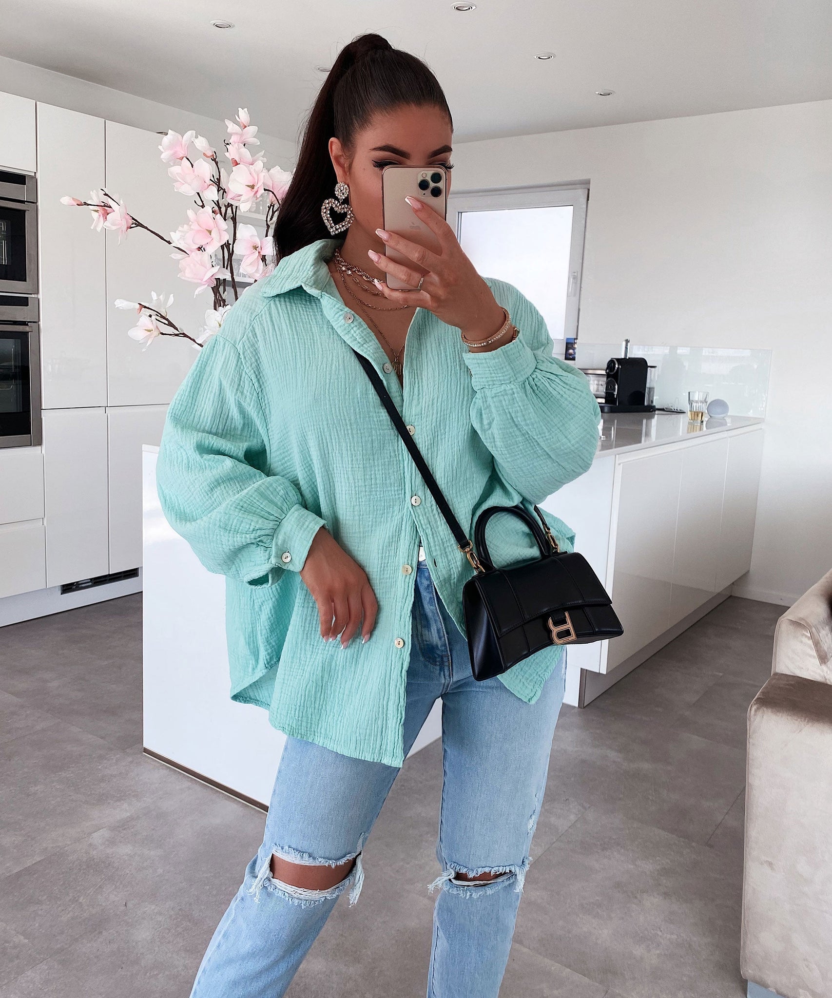 Oversize Musselin Bluse Freya Türkis Kurz