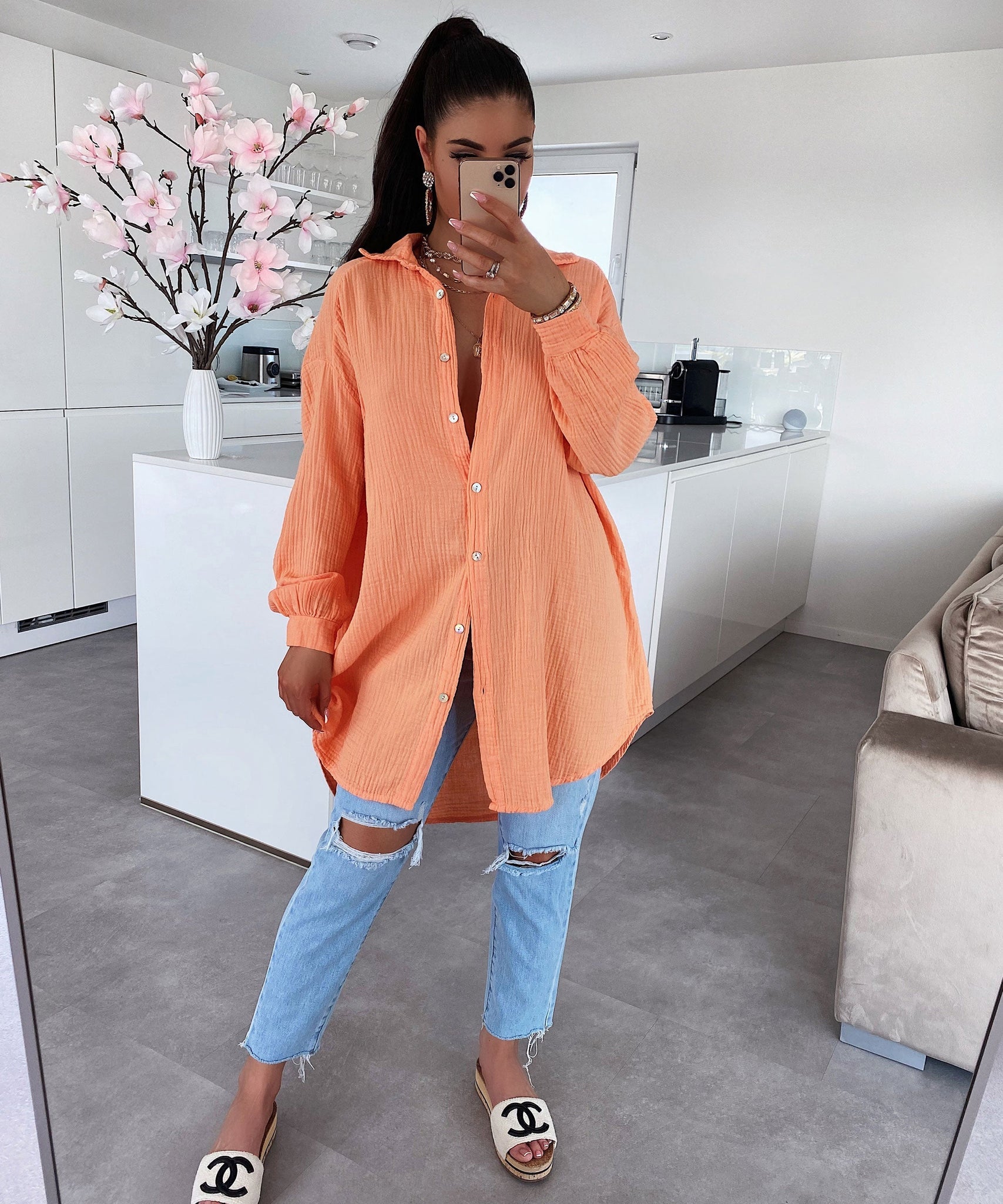 Oversize Musselin Bluse Freya Pastel Orange Lang